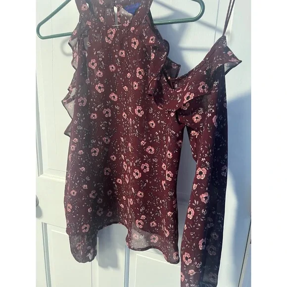 Aeropostale Floral Cold Shoulder Ruffle Blouse Long Sleeve Top Maroon‎ M - Picture 8 of 8
